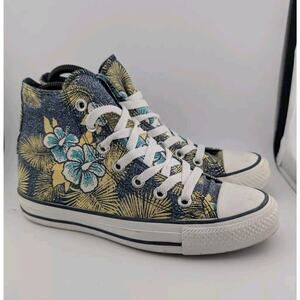 Converse High Top Women Size 6 Chuck Taylor Blue Yellow Tropical Flowers 136552F